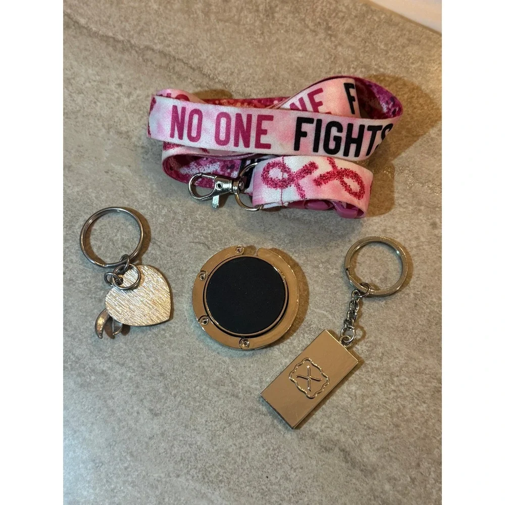 Breast Cancer Awareness Bundle Lanyard Purse Hanger and Keychains Pink Ribbon